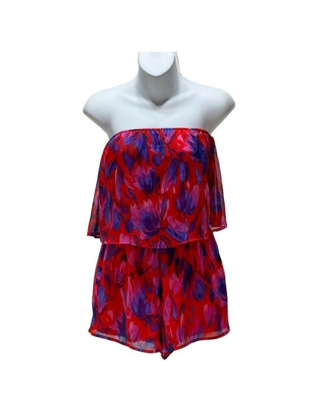 Strapless Floral Red & Purple Romper By Honey Punch Small Polyester & Rayon Ligh